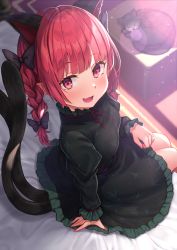 Rule 34 | 1girl, :d, animal ears, black bow, black dress, blunt bangs, blush, bow, braid, breasts, cat, cat ears, cat girl, cat tail, dress, extra ears, fang, frilled dress, frilled sleeves, frills, hair bow, highres, indoors, juliet sleeves, kaenbyou rin, long sleeves, looking at viewer, multiple tails, nail polish, nekomata, on bed, open mouth, puffy sleeves, red eyes, red hair, red nails, red neckwear, sitting, smile, solo, tail, touhou, twin braids, two tails, wowoguni
