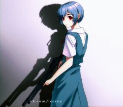 Rule 34 | ayanami rei, back turned, blue hair, closed mouth, colored skin, gun, highres, holding, holding weapon, iceroy, looking at viewer, neon genesis evangelion, red eyes, school uniform, shadow, short hair, shotgun, simple background, skirt, solo, standing, tokyo-3 middle school uniform, weapon, white skin