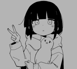 Rule 34 | 1girl, :o, animal, bird, blunt bangs, blush, face of the people who sank all their money into the fx (meme), fusazakura, grey theme, hand up, holding, holding animal, holding bird, hood, hood down, hoodie, lag train (vocaloid), long hair, long sleeves, looking at viewer, low twintails, meme, monochrome, open mouth, osage (nukunuku nigirimeshi), pigeon, solo, twintails, upper body, v, vocaloid