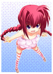 Rule 34 | 00s, 1girl, blue eyes, braid, camisole, child, flat chest, from above, long hair, lyrical nanoha, mahou shoujo lyrical nanoha, red hair, shiwo, solo, striped clothes, striped thighhighs, thighhighs, twin braids, twintails, vita (nanoha)