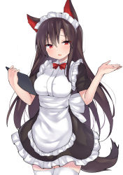 Rule 34 | 1girl, absurdres, alternate costume, amashi (qcmrq906), animal ears, apron, bad id, bad pixiv id, black dress, blush, bow, bowtie, breasts, brown hair, commentary request, cowboy shot, dress, enmaided, frilled apron, frills, hair between eyes, hands up, highres, holding, holding tray, imaizumi kagerou, long hair, looking at viewer, maid, maid apron, maid headdress, medium breasts, open mouth, petticoat, puffy short sleeves, puffy sleeves, red bow, red bowtie, red eyes, short sleeves, simple background, solo, sweatdrop, tail, thighhighs, touhou, tray, very long hair, white apron, white background, white thighhighs, wolf ears, wolf tail, zettai ryouiki