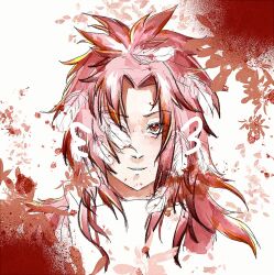 Rule 34 | 1boy, chinese commentary, commentary request, eyes visible through hair, feathers, hatsutori hajime, high collar, highres, long hair, looking at viewer, male focus, parted bangs, pink hair, portrait, red eyes, saibou shinkyoku, shirt, smile, solo, weirui, white shirt