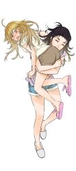 Rule 34 | 2girls, ahoge, bare legs, black hair, blush, brown eyes, brown hair, brown shorts, carrying, carrying person, closed eyes, commentary, english commentary, full body, highres, long hair, lynn wiles (pulse), mel sievers (pulse), multiple girls, open mouth, pulse (ratana satis), purple shirt, ratana satis, shirt, short sleeves, shorts, simple background, slippers, white background, yellow shirt, yuri