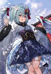 Rule 34 | 1girl, blue hair, blush, dragon girl, dragon horns, dragon tail, dragon wings, highres, horns, japanese clothes, kimono, open mouth, princess connect!, purple eyes, sheffy (princess connect!), skirt, tail, the olphy, wings