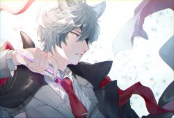 Rule 34 | 1boy, animal ears, black coat, coat, coat on shoulders, collared shirt, dust, erune, eyepatch, granblue fantasy, grey eyes, grey hair, grey jacket, hair between eyes, hand up, holding, holding test tube, jacket, lapels, looking ahead, male focus, necktie, nehan (granblue fantasy), notched lapels, pakkuncho, potion, red necktie, shirt, short hair, solo, stole, test tube, tie clip, upper body, white background, white shirt, wolf boy, wolf ears
