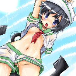 Rule 34 | 1girl, anchor, arms up, bad id, bad pixiv id, black hair, blue eyes, blush, breasts, cleft of venus, clothes lift, clothing aside, colorized, female focus, from below, hat, murasa minamitsu, navel, nipples, no bra, no panties, pussy, pussy peek, sailor, sailor hat, shimo (depthbomb), shirt lift, short hair, shorts, shorts aside, small breasts, solo, tora, tora (torayarou), touhou, uncensored, upshorts