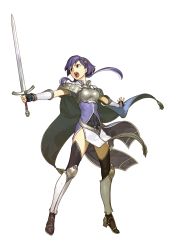Rule 34 | 1girl, armor, armored boots, bare shoulders, bell, black thighhighs, blue hair, boots, breastplate, cape, fingerless gloves, fire emblem, fire emblem cipher, fire emblem echoes: shadows of valentia, full body, gloves, hair ornament, hidari (left side), highres, holding, holding sword, holding weapon, long hair, looking away, nintendo, official art, open mouth, purple hair, short sleeves, solo, sword, teeth, thighhighs, weapon, yuzu (fire emblem), zettai ryouiki