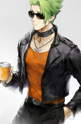 Rule 34 | 1boy, achilles (fate), bad id, bad pixiv id, belt, black jacket, black pants, blouse, changye, choker, closed mouth, coffee, coffee cup, contemporary, cropped jacket, cup, disposable cup, fate/apocrypha, fate/grand order, fate (series), green hair, jacket, jewelry, male focus, necklace, orange shirt, pants, shirt, short hair, simple background, solo, sunglasses, upper body