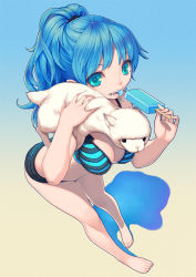 Rule 34 | 1girl, alpaca, arched back, bad id, bad pixiv id, bare legs, bare shoulders, barefoot, blue eyes, blue hair, bra, breasts, cleavage, eating, fingernails, food, foreshortening, from above, gradient background, grin, kimura daisuke, lamb, lingerie, long hair, looking at viewer, matching hair/eyes, medium breasts, navel, panties, ponytail, popsicle, sheep, smile, solo, striped bra, striped clothes, striped panties, thigh gap, thighs, toenails, toes, underwear, underwear only