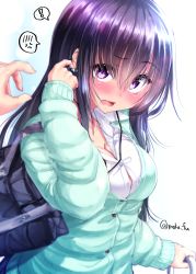 Rule 34 | !, 1girl, anger vein, angry, bag, black hair, blue background, blush, breasts, cardigan, cleavage, collared shirt, earrings, gradient background, green cardigan, highres, holding, holding bag, jewelry, long hair, long sleeves, looking at viewer, medium breasts, mokufuu, open mouth, original, out of frame, pov, pov hands, purple eyes, shirt, solo focus, spoken anger vein, spoken blush, spoken exclamation mark, twitter username, white background, white shirt