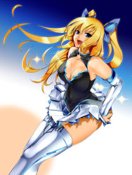Rule 34 | 1girl, aizawa hikaru, blonde hair, blue eyes, bow, bowalia, breasts, bridal gauntlets, campaign girl, cleavage, elbow gloves, gloves, hair bow, hands on own hips, large breasts, leaning forward, legs, long legs, microsoft, miniskirt, open mouth, os-tan, pleated skirt, silverlight, skirt, solo, thighhighs, thighs, twintails, white thighhighs, zettai ryouiki