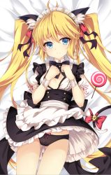 Rule 34 | 1girl, ahoge, andrea doria (warship girls r), animal ears, black panties, blonde hair, blush, bow, bow panties, breasts, candy, cat ears, cat tail, food, gluteal fold, jianren, lollipop, long hair, looking at viewer, maid, maid headdress, panties, small breasts, solo, tail, thighhighs, twintails, underwear, very long hair, warship girls r