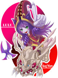 Rule 34 | 1girl, animal ears, bad id, bad pixiv id, blush, character name, claws, colored skin, ears through headwear, fairy, fang, fingernails, green eyes, hat, index finger raised, kog&#039;maw, league of legends, long hair, lulu (league of legends), open mouth, pix (league of legends), purple hair, purple skin, red eyes, riding, shirokuro (monochrome0226), teeth, witch hat
