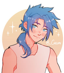 Rule 34 | 1boy, absurdres, artist name, bare shoulders, blouse, blue-haired boy (how to draw manga), blue eyes, blue hair, blush, blush stickers, cheumi, closed mouth, collarbone, derivative work, forehead, hair intakes, happy, highres, how to draw manga, how to draw manga redraw challenge (meme), long hair, looking at viewer, male focus, meme, nose blush, ponytail, shirt, sidelocks, signature, simple background, sleeveless, sleeveless shirt, smile, solo, sparkle, twitter username, two-tone background, upper body, white shirt, yellow background