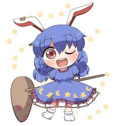 Rule 34 | 1girl, animal ears, blue dress, blue hair, blush, crescent print, dress, earclip, frilled dress, frills, full body, hair between eyes, kine, long hair, mallet, one eye closed, open mouth, puffy short sleeves, puffy sleeves, rabbit ears, red eyes, rokugou daisuke, round teeth, seiran (touhou), short sleeves, signature, smile, solo, star (symbol), star print, teeth, touhou, upper teeth only
