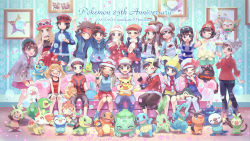 Rule 34 | 6+boys, 6+girls, :d, anniversary, artist name, backwards hat, baseball cap, beanie, black shirt, blue jacket, boots, brendan (pokemon), brown footwear, brown hair, bulbasaur, calem (pokemon), cardigan, charmander, chespin, chikorita, chimchar, closed eyes, coat, cocoloco, commentary request, copyright name, couch, creatures (company), cropped jacket, cyndaquil, dated, dawn (pokemon), double bun, elio (pokemon), ethan (pokemon), eyewear on headwear, fennekin, flame-tipped tail, froakie, game freak, gen 1 pokemon, gen 2 pokemon, gen 3 pokemon, gen 4 pokemon, gen 5 pokemon, gen 6 pokemon, gen 7 pokemon, gen 8 pokemon, gloria (pokemon), green headwear, green shorts, grookey, hair bun, hands on own knees, hat, hat ribbon, highres, hilbert (pokemon), hilda (pokemon), indoors, jacket, kris (pokemon), leaf (pokemon), litten, long hair, lucas (pokemon), lyra (pokemon), may (pokemon), mudkip, multiple boys, multiple girls, nate (pokemon), nintendo, on lap, open mouth, oshawott, overalls, pantyhose, pantyhose under shorts, pikachu, piplup, pleated skirt, pokemon, pokemon (creature), pokemon bw, pokemon bw2, pokemon dppt, pokemon frlg, pokemon gsc, pokemon hgss, pokemon on lap, pokemon oras, pokemon platinum, pokemon rgby, pokemon sm, pokemon swsh, pokemon xy, popplio, red (pokemon), red coat, red headwear, red shirt, red skirt, ribbon, rosa (pokemon), rowlet, scarf, scorbunny, selene (pokemon), serena (pokemon), shirt, shoes, short sleeves, shorts, sitting, skirt, sleeveless, sleeveless shirt, smile, snivy, sobble, squirtle, standing, striped clothes, striped shirt, sunglasses, tam o&#039; shanter, tepig, thighhighs, tied shirt, torchic, totodile, treecko, turtwig, vest, victor (pokemon), visor cap, w, white headwear, white jacket, white thighhighs, zipper pull tab, |d