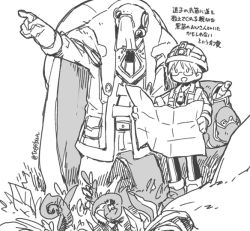 Rule 34 | 1boy, 1girl, backpack, bag, boots, cape, child, commentary request, covered face, glasses, grass, greyscale, gyarike, hatching (texture), headlamp, helmet, holding, holding map, hood, hood up, hooded cape, jacket, leaf, looking away, made in abyss, map, monochrome, open mouth, outstretched arm, pants, pocket, pointing, riko (made in abyss), sketch, standing, toge (owannun), translation request, twitter username, whistle, whistle around neck
