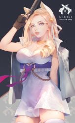 Rule 34 | 1girl, animal ears, arm behind back, arm up, artist name, bell, blade &amp; soul, blue eyes, breasts, cat ears, commission, cowboy shot, dress, drill hair, fuwaffy, gun, hair bell, hair ornament, hair ribbon, handgun, holding, holding gun, holding weapon, lips, long hair, looking at viewer, medium breasts, ribbon, solo, square glasses, standing, thighhighs, weapon, white-framed eyewear, white dress, white ribbon, white thighhighs, zetta (phantom kingdom) (book), zettai ryouiki