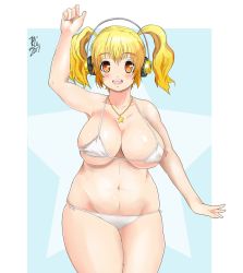 Rule 34 | 1girl, arm up, bikini, blonde hair, blush, breasts, brown eyes, cleavage, covered erect nipples, headphones, highres, jewelry, large breasts, looking at viewer, micro bikini, navel, necklace, nitroplus, open mouth, plump, smile, solo, standing, star (symbol), super pochaco, swimsuit, thick thighs, thighs, twintails