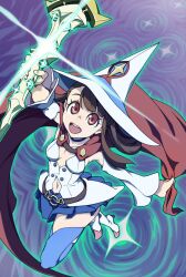 Rule 34 | 1girl, brown hair, cape, clothing cutout, cosplay, hat, kagari atsuko, little witch academia, long hair, navel, navel cutout, open mouth, red eyes, shiny chariot, shiny chariot (cosplay), shiny rod (little witch academia), smile, tag, tagme, uganda (ugandam 00), witch, witch hat