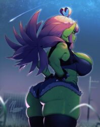 Rule 34 | 1girl, ahoge, ass, body freckles, bracelet, breasts, colored skin, comet, cowboy shot, earrings, female goblin, freckles, goblin, green skin, hands on own hips, highres, huge ass, jewelry, large breasts, large ears, matcha (noxcuro), noxcuro, original, outdoors, pink hair, pointy ears, short shorts, shorts, skindentation, solo, spiked bracelet, spikes, thick thighs, thighhighs, thighs, yellow eyes