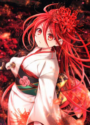 Rule 34 | 1girl, commentary request, floral print, flower, hair between eyes, hair flower, hair ornament, highres, holding, holding sword, holding weapon, japanese clothes, katana, kimono, long hair, long sleeves, looking at viewer, obi, parted lips, red eyes, red flower, red hair, red theme, sash, shakugan no shana, shana, solo, spider lily, spider lily print, sword, tachitsu teto, v-shaped eyebrows, very long hair, weapon, white kimono