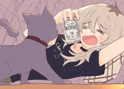 Rule 34 | 1girl, beer can, black shirt, can, cardigan, closed eyes, commentary, couch, dotty-44, drink can, girls band cry, grey cardigan, highres, holding, holding can, kawaragi momoka, light brown hair, long hair, lying, multicolored hair, on couch, on side, open mouth, roots (hair), shirt, short sleeves, smile, solo, upper body