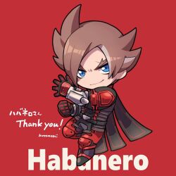 Rule 34 | 1boy, armor, black cape, black gloves, blue eyes, brown hair, cape, chibi, commission, fighting stance, full body, gloves, kotorai, lars alexandersson, looking at viewer, male focus, no nose, red background, signature, skeb commission, smile, solo, tekken, thank you, v-shaped eyebrows