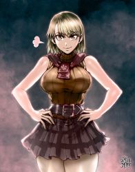 Rule 34 | 1girl, argyle, artist name, ashley graham, belt, blonde hair, breasts, hands on own hips, highres, large breasts, resident evil, resident evil 4, resident evil 4 (remake), short hair, skirt, sleeveless, sleeveless sweater, sweater, the golden smurf, thick thighs, thighs, tied sweater, yellow eyes