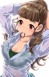 Rule 34 | 1girl, arms up, blunt bangs, blush, bra, bra visible through clothes, bralines, breasts, brown hair, buttons, cleavage, collar, collared shirt, cut bangs, green bra, hair tie, hair tie in mouth, hands in hair, highres, hot, idolmaster, idolmaster cinderella girls, kamiya nao, kobamiso (kobalt), lips, long hair, long sleeves, mouth hold, open collar, red eyes, see-through, shirt, simple background, sleeve cuffs, sweat, sweaty clothes, thick eyebrows, tying hair, underwear, upper body, wet, wet clothes, wet shirt, white background