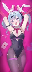 Rule 34 | 1girl, absurdres, animal ears, bare shoulders, black leotard, blue eyes, blue hair, blush, bow, bowtie, breasts, crypton future media, detached collar, fake animal ears, hair ornament, halak0000, hatsune miku, highres, leotard, looking at viewer, medium breasts, open mouth, pantyhose, piapro, playboy bunny, rabbit ears, rabbit hole (vocaloid), ribbon, smile, solo, teardrop facial mark, twintails, vocaloid, x hair ornament