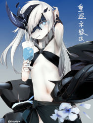 Rule 34 | 1girl, abyssal ship, akino shuu, black nails, blue eyes, breasts, character name, cup, drink, drinking, drinking straw, drinking straw in mouth, fingernails, flower, holding, holding cup, horns, kantai collection, long hair, nail polish, navel, ne-class heavy cruiser, pale skin, petals, purple flower, single horn, small breasts, solo, twitter username, white hair