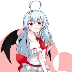 Rule 34 | 1girl, ahoge, alternate hair length, alternate hairstyle, ascot, bare shoulders, bat wings, blue hair, blush, breasts, brooch, circle, clothing cutout, commentary request, dress, grin, hair between eyes, hair ornament, hand up, holding, holding own hair, huge ahoge, jewelry, kameyan, long hair, looking at viewer, no headwear, pink background, puffy short sleeves, puffy sleeves, red ascot, red eyes, red sash, remilia scarlet, sash, short sleeves, shoulder cutout, small breasts, smile, solo, touhou, two-tone background, upper body, white background, white dress, wing collar, wings, x hair ornament