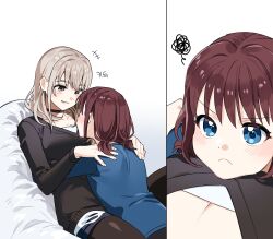 Rule 34 | 2girls, absurdres, black choker, black pantyhose, black shirt, blue eyes, blue shirt, blush, breasts, choker, cleavage, closed mouth, commentary request, cuddling, frown, girls band cry, grey eyes, habsida (habsida hpy), hands on another&#039;s shoulders, head on chest, highres, iseri nina, kawaragi momoka, korean commentary, light brown hair, long hair, looking at another, multiple girls, pantyhose, parted lips, red hair, shirt, short twintails, simple background, smile, squiggle, twintails, white background, yuri