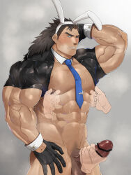 Rule 34 | 1boy, abs, absurdres, animal ears, bara, biceps, black eyes, black hair, blush, bulge, censored, chinese new year, erection, feet out of frame, gloves, grey background, handjob, highres, large pectorals, large penis, long hair, male focus, manly, mature male, muscular, muscular male, necktie, nipple stimulation, nipple tweak, nipples, original, oyatu55k, pectorals, penis, puffy chest, rabbit ears, simple background, solo, spiked hair, steam, steaming body, sweat, sweatdrop, testicles, thick arms, thick eyebrows, thick thighs, thighs, veins
