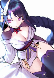Rule 34 | 1girl, bare shoulders, braid, breasts, cleavage, detached collar, genshin impact, hair ornament, japanese clothes, kimono, large breasts, long hair, long sleeves, looking at viewer, low-braided long hair, low-tied long hair, obi, off shoulder, purple eyes, purple hair, purple kimono, purple thighhighs, raiden shogun, sash, siun, solo, thighhighs, thighs, wide sleeves