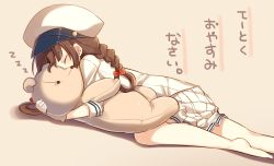 Rule 34 | 10s, 1girl, braid, brown hair, hugging doll, closed eyes, female admiral (kancolle), hat, kantai collection, long hair, hugging object, sleeping, solo, uniform, yamucha, zzz