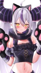 Rule 34 | 1girl, animal ears, animal hands, blush, braid, cat ears, cat paws, demon girl, demon horns, fake animal ears, highres, hololive, horns, la+ darknesss, maru ccy, multicolored hair, navel, purple hair, single braid, solo, twintails, virtual youtuber, white hair, yellow eyes