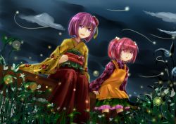Rule 34 | 2girls, apron, bench, boots, checkered clothes, checkered kimono, clenched hand, cloud, cloudy sky, dutch angle, facing away, fireflies, floral print, flower, from below, grass, hair bobbles, hair flower, hair ornament, hieda no akyuu, highres, japanese clothes, kimono, light trail, motoori kosuzu, multiple girls, night, obi, open mouth, outdoors, purple eyes, purple hair, red eyes, red hair, rikkunia, sash, short hair, sitting, sky, touhou, twintails