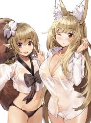 Rule 34 | 2girls, :d, :t, animal ear fluff, animal ears, bad id, bad pixiv id, bandaid, bandaids on nipples, black panties, black ribbon, blush, breasts, brown hair, cleavage, collarbone, commentary request, commission, cowboy shot, crop top, crop top overhang, dress shirt, ellin meiji, fang, fighter (dungeon and fighter), flower, fox ears, hair flower, hair ornament, hand up, korean commentary, large breasts, long hair, long sleeves, looking at viewer, medium breasts, multiple girls, no bra, no pants, one eye closed, open mouth, original, panties, pasties, pointy ears, red eyes, revision, ribbon, see-through, selfie, shirt, short hair, side-by-side, sidelocks, simple background, smile, standing, striker (dungeon and fighter), suou-sensei, tail, underwear, very long hair, w, white background, white flower, white panties, white shirt, wing collar