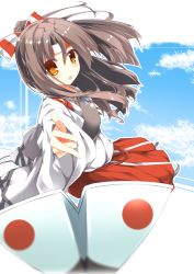 Rule 34 | 10s, 1girl, absurdres, brown eyes, brown hair, cloud, day, flat chest, fuuna, hachimaki, hair ribbon, headband, high ponytail, highres, japanese clothes, japanese flag, kantai collection, light brown hair, long hair, muneate, open mouth, paper airplane, personification, ponytail, ribbon, shorts, sky, solo, zuihou (kancolle)