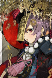 Rule 34 | 1girl, bead necklace, beads, black hat, blue dress, blush, commentary request, dress, eyebrows hidden by hair, genshin impact, hair between eyes, hair ornament, hat, highres, hiranko, jewelry, necklace, ofuda, parted lips, purple eyes, purple hair, qingdai guanmao, qiqi (genshin impact), signature, solo, teeth, upper body, upper teeth only