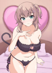 Rule 34 | 1girl, bare shoulders, bed, black bra, black panties, boku to kanojo no onani life, bow, bow panties, bra, breasts, brown hair, cat cutout, cat ear panties, cat lingerie, cat tail, cleavage, cleavage cutout, cleft of venus, closed mouth, clothing cutout, collarbone, commentary, fake tail, frilled bra, frills, green eyes, hair ornament, hairclip, hand on own chest, heart, indoors, kneeling, large breasts, leaning forward, light blush, lingerie, looking at viewer, medium hair, meme attire, navel, on bed, one side up, paid reward available, panties, pillow, school uniform, side-tie panties, smile, solo, strapless, strapless bra, tail, thigh gap, tomatology3, underwear, underwear only, yumehiko