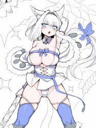 Rule 34 | 1girl, animal ear fluff, animal ears, argyle, argyle cutout, arm behind head, arm up, armpits, axe, bare shoulders, blue bow, blue eyes, blue ribbon, blue thighhighs, blush, bow, breasts, cat ears, cat girl, cat tail, cleavage, clothing cutout, detached collar, detached sleeves, dobrynya nikitich (fate), dobrynya nikitich (second ascension) (fate), dragon, dress, fate/grand order, fate (series), fur trim, hair bow, hairband, highres, large breasts, long hair, looking at viewer, low ponytail, navel, open mouth, panties, ribbon, senbei (avocadochaya), short dress, skindentation, solo, tail, thighhighs, thighs, underwear, white dress, white hair, white panties