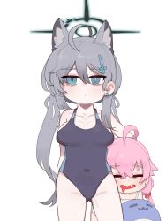 2girls :3 absurdres ahoge animal_ear_fluff animal_ears bags_under_eyes black_halo black_one-piece_swimsuit blue_archive blue_eyes breasts carrying cat_ears commentary_request competition_swimsuit covered_navel cross cross_hair_ornament drooling extra_ears fang gluteal_fold grey_hair hair_bobbles hair_ornament halo highleg highleg_one-piece_swimsuit highres hoshino_(blue_archive) hoshino_(swimsuit)_(blue_archive) inflatable_toy inflatable_whale inverted_cross korean_commentary large_breasts low_twintails lulubelleiii mismatched_pupils multiple_girls one-piece_swimsuit petite shiroko_(blue_archive) shiroko_(swimsuit)_(blue_archive) shiroko_terror_(blue_archive) skin_fang swimsuit twintails two-tone_swimsuit white_background wolf_ears