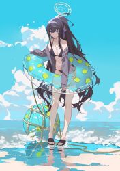 Rule 34 | 1girl, absurdres, bags under eyes, ball, beachball, bikini, black bikini, black footwear, black hair, blue archive, blue sky, breasts, cardigan, cloud, collarbone, day, foaming waves, full body, grey cardigan, hair ribbon, hairband, halo, halterneck, high ponytail, highres, holding, holding rope, holding swim ring, horizon, innertube, jewelry, jitome, leaning forward, long hair, looking at viewer, lower teeth only, medium breasts, necklace, ocean, off shoulder, official alternate costume, open cardigan, open clothes, open mouth, outdoors, pendant, ponytail, purple eyes, purple hairband, purple ribbon, reflection, reflective water, ribbon, rope, sandals, sky, solo, standing, sweat, sweatdrop, swim ring, swimsuit, teeth, toes, translucent, ui (blue archive), ui (swimsuit) (blue archive), very long hair, water, waves, xe367