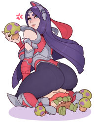 Rule 34 | 1girl, anger vein, ass, bare shoulders, blue eyes, bodysuit, breasts, circlet, commentary, from behind, highres, huge ass, irelia, large breasts, league of legends, lips, long hair, looking at viewer, looking back, mushroom, purple hair, raised eyebrow, seiza, simple background, sitting, sitting on face, sitting on person, solo, splashbrush, teemo, thick thighs, thighs, white background