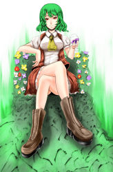 Rule 34 | 1girl, alcohol, ascot, bad id, bad pixiv id, boots, breasts, cross-laced footwear, crossed legs, cup, cupping glass, drinking glass, female focus, flower, glass, green hair, highres, kazami yuuka, lace-up boots, large breasts, plaid, plaid skirt, plaid vest, r0g0b0, red eyes, short hair, sitting, skirt, skirt set, smile, smirk, solo, throne, touhou, vest, wine, wine glass