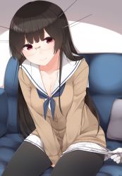 Rule 34 | 10s, 1girl, :&gt;, alternate costume, black hair, black pantyhose, blush, breasts, brown hair, cardigan, choukai (kancolle), cleavage, clothes pull, collarbone, couch, glasses, gloves, hair ornament, highres, kantai collection, long hair, looking at viewer, medium breasts, neckerchief, out of frame, pantyhose, pleated skirt, red eyes, rimless eyewear, sailor collar, school uniform, serafuku, sitting, skirt, skirt pull, smile, solo focus, sweat, v arms, white gloves, white skirt, yukichi (sukiyaki39)