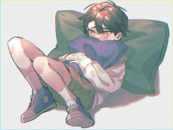 Rule 34 | 1boy, aged down, black hair, blue footwear, brown hair, brown shorts, commentary request, covered mouth, cross-laced footwear, double-parted bangs, full body, gradient hair, grey footwear, head on pillow, highres, holding, holding pillow, hood, hood down, hoodie, kagerou project, long sleeves, looking away, male focus, mekakucity actors, mokemoke chan, multicolored hair, hugging object, own hands together, pillow, pocket, reclining, seto kousuke, shoelaces, shoes, short hair, shorts, sneakers, socks, solo, tsurime, two-tone footwear, white hoodie, white socks, yellow eyes